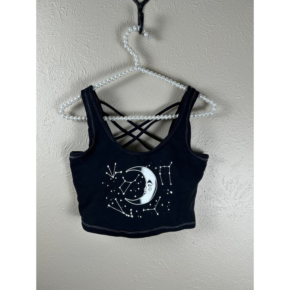 Y2K Hell Bunny Crop Top Size Small Black Celestial Stars Moon Astronomy Shirt
